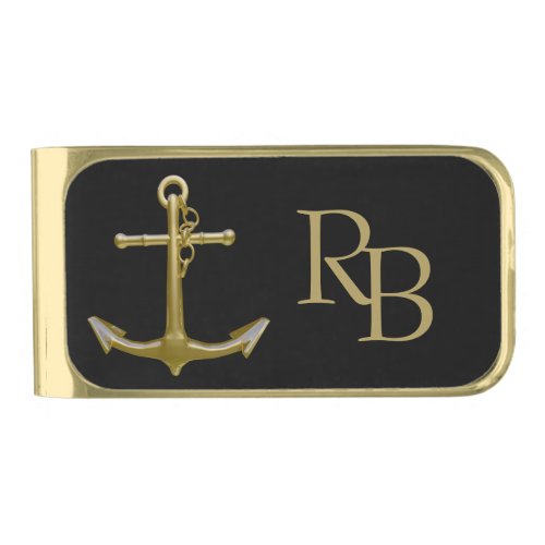 Classy Nautical Gold Anchor on Black Monogram Gold Finish Money Clip