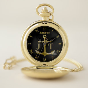 Classy Nautical Gold Anchor on Black Monogram Name Pocket Watch