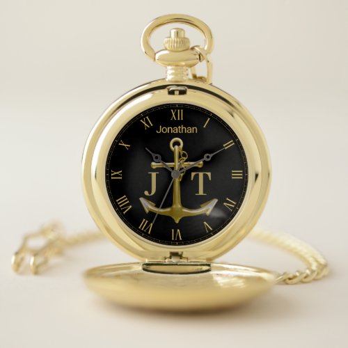 Classy Nautical Gold Anchor on Black Monogram Name Pocket Watch