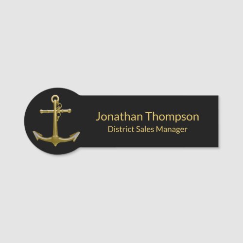 Classy Nautical Gold Anchor on Black Name Tag