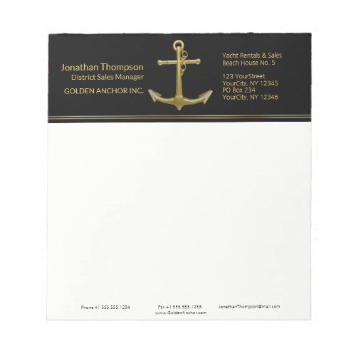 Classy Nautical Gold Anchor on Black Notepad