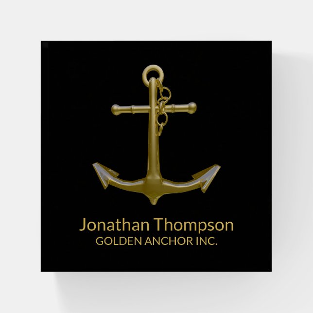 Classy Nautical Gold Anchor on Black Paperweight (Front)