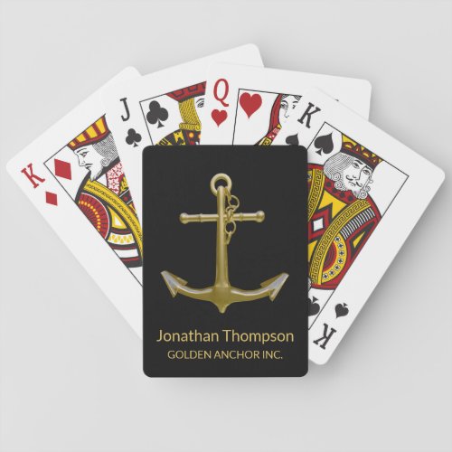 Classy Nautical Gold Anchor on Black Poker Cards