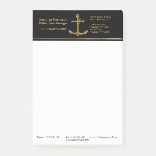 Classy Nautical Gold Anchor on Black Post_it Notes