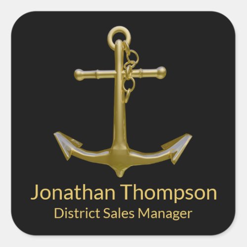 Classy Nautical Gold Anchor on Black Square Sticker