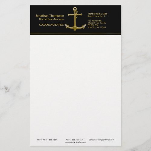 Classy Nautical Gold Anchor on Black Stationery