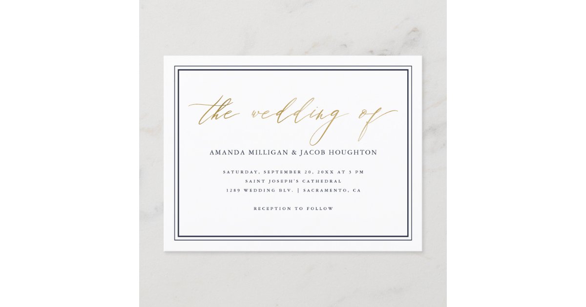 Classy Nautical Navy Blue Gold Script Wedding Invitation Postcard Zazzle Com