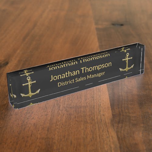Classy Nautical Two Gold Anchor on Black Desk Name Plate