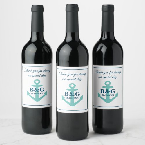 Classy nautical wedding teal anchor custom wine label