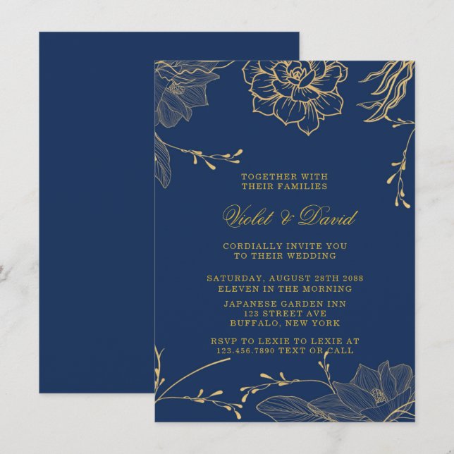 Classy Navy Blue and Gold Florals Wedding Invitati Invitation (Front/Back)