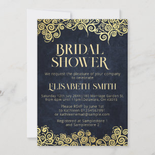 Classy Navy Blue And Gold Swirl Chic Bridal Shower Invitation