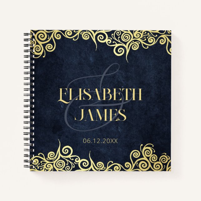 Classy Navy Blue And Gold Swirl Wedding Guest Book (Front)