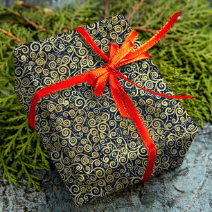 Classy Navy Blue And Gold Swirls Pattern Boho Chic Wrapping Paper