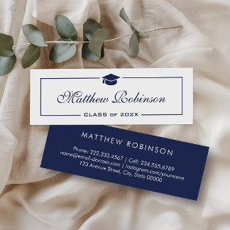 Classy Navy Blue and White Graduation Graduate Mini Business Card