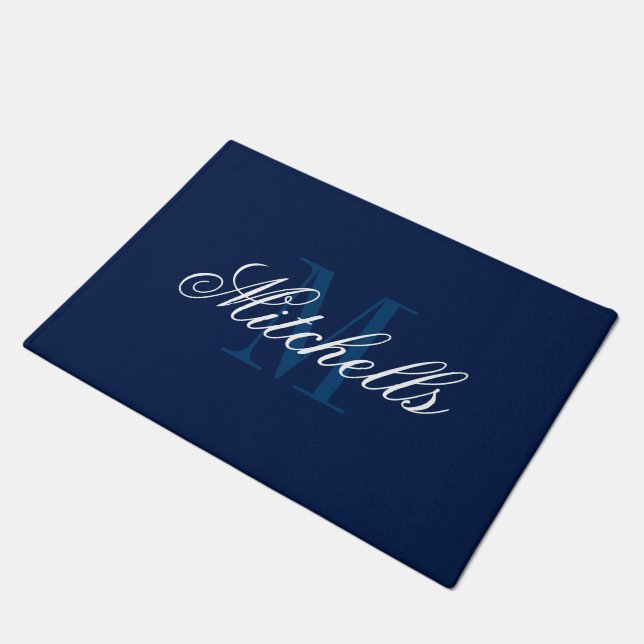 Classy navy blue and white monogrammed door mats (Angled)