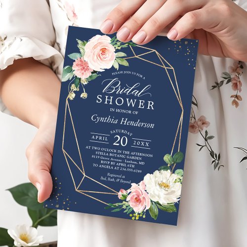 Classy Navy Blue Blush Pink Floral Bridal Shower Invitation