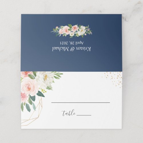 Classy Navy Blue Blush Pink Floral Wedding Place Card