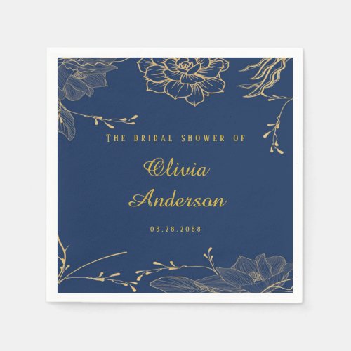 Classy Navy Blue Botanical Florals Bridal Shower Napkins