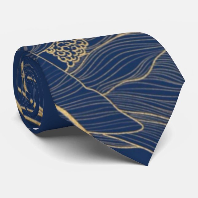 Classy Navy Blue Botanical Florals Groomesmen Neck Tie (Rolled)