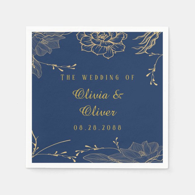 Classy Navy Blue Botanical Florals Wedding Napkins (Front)