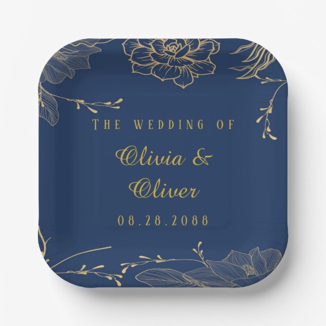 Classy Navy Blue Botanical Florals Wedding Paper Plates (Front)