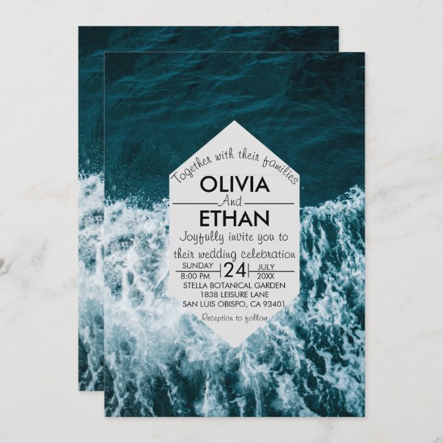 Classy navy blue coastal beach Wedding Invitation (Front/Back)