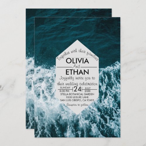 Classy navy blue coastal beach Wedding Invitation