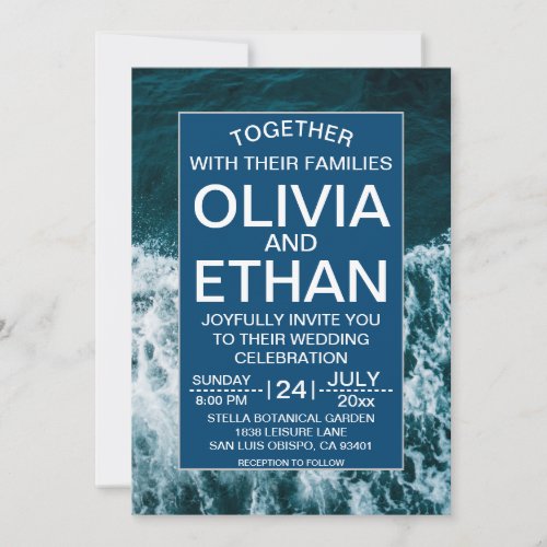 Classy navy blue coastal beach Wedding Invitation