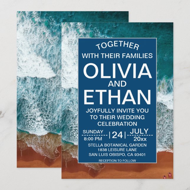 Classy navy blue coastal Wedding Invitation (Front/Back)