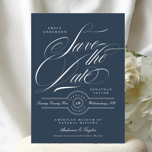 Classy Navy Blue Elegant Calligraphy Non-Photo Save The Date (Creator Uploaded)