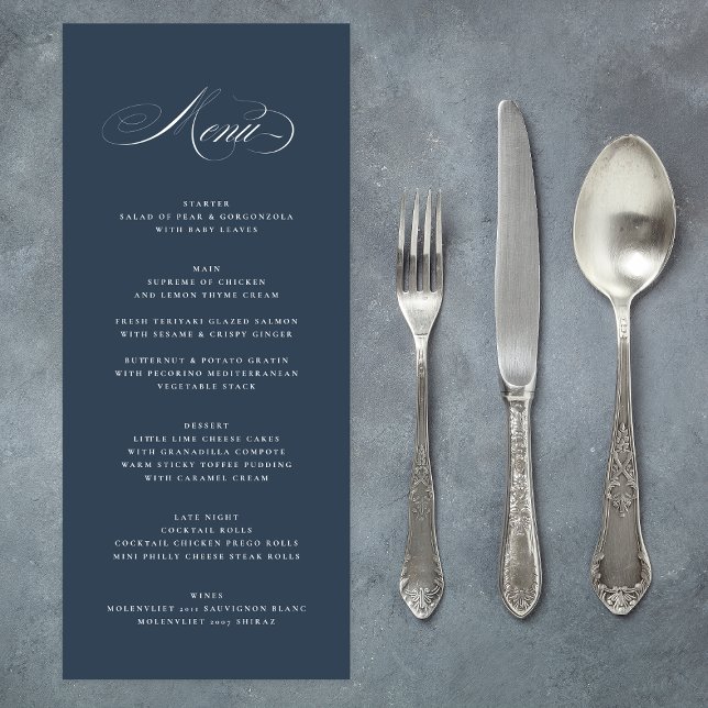 Classy Navy Blue Elegant Calligraphy Wedding Menu (Creator Uploaded)