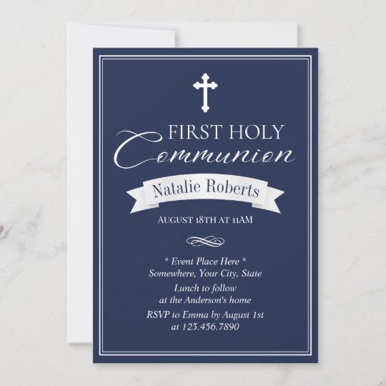 Classy Navy Blue First Holy Communion Invitation | Zazzle.com