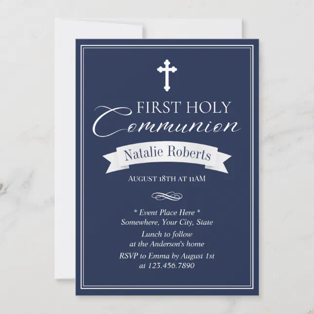 Classy Navy Blue First Holy Communion Invitation 