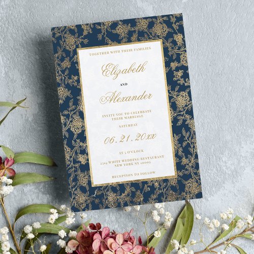 Classy navy blue glam gold floral frame wedding invitation