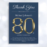 Classy Navy Blue Gold 80th Birthday Thank You Card<br><div class="desc">Classy Navy Blue Gold 80th Birthday Thank You Card. Simple yet classy birthday thank you card with the birth year milestone in solid gold text effect! This is an editable template and could be used for both male and female. Contact me if you have any questions, I will do my...</div>