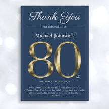 Classy Navy Blue Gold 80th Birthday Thank You Card