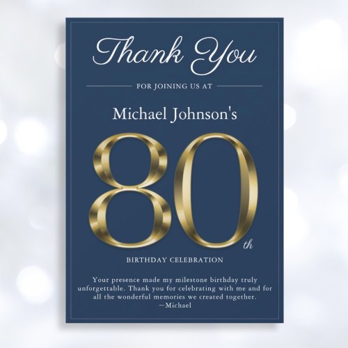 Classy Navy Blue Gold 80th Birthday Thank You Card