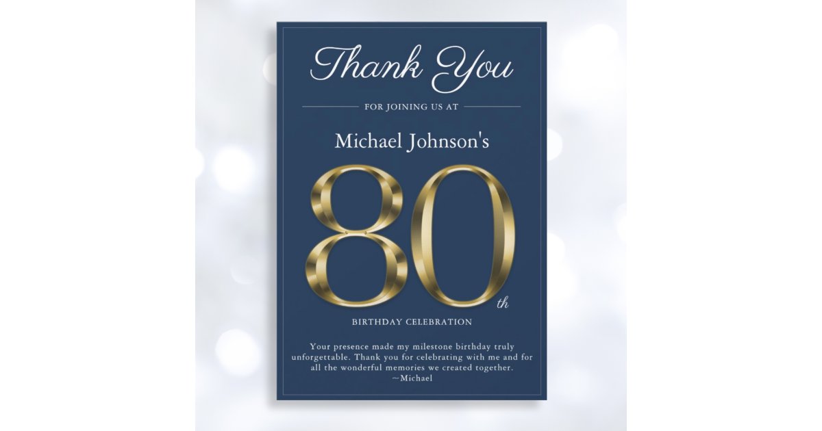 Classy Navy Blue Gold 80th Birthday Thank You Card | Zazzle