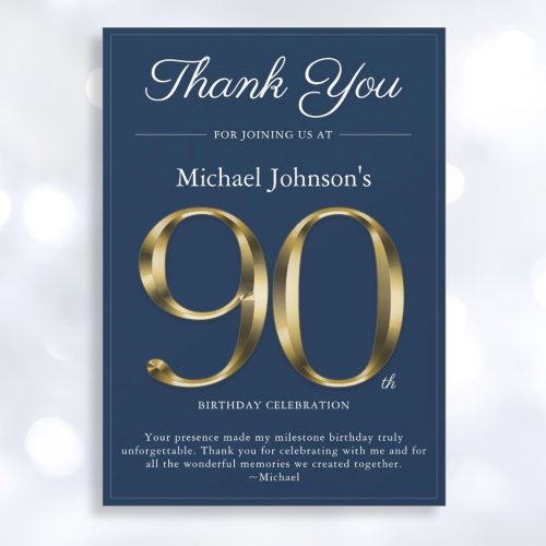 Classy Navy Blue Gold 90th Birthday Thank You Card