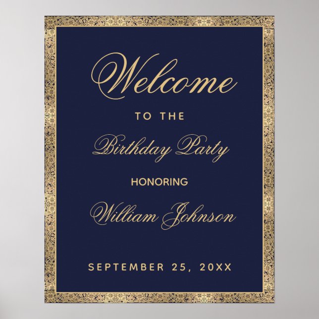 Classy Navy Blue Gold Birthday Party Welcome Sign (Front)