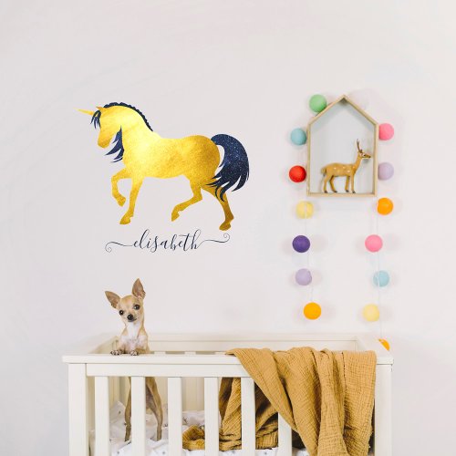 Classy Navy Blue Gold Chic Celestial Unicorn Name Wall Decal