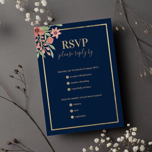 Classy navy blue gold coral pink floral wedding RSVP card