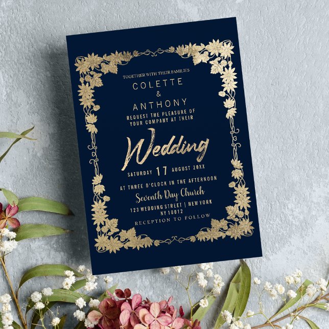 Classy navy blue gold floral frame border Wedding  Invitation (Classy navy blue gold floral frame border Wedding)