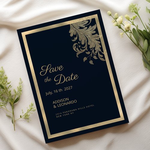 Classy navy blue gold floral lace Save the Date  Invitation
