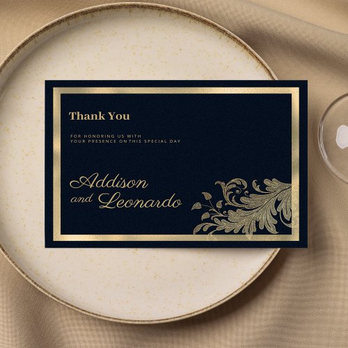 Classy navy blue gold floral lace Thank You  Invitation