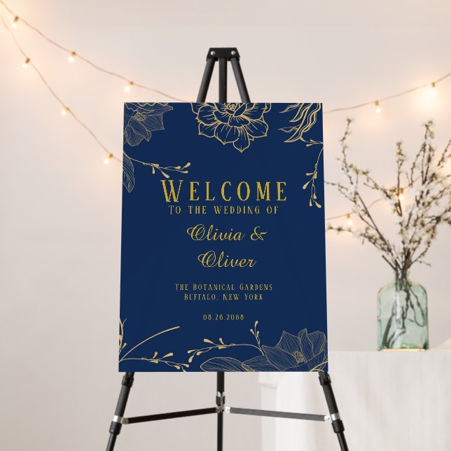 Classy Navy Blue Gold Florals Wedding Welcome Sign (In Situ (Stand))