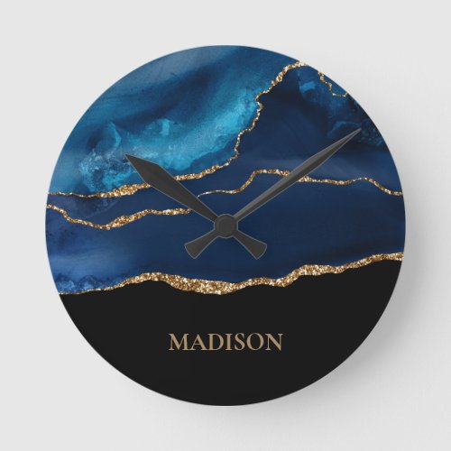 Classy Navy Blue Gold Glitter Black First Name    Round Clock