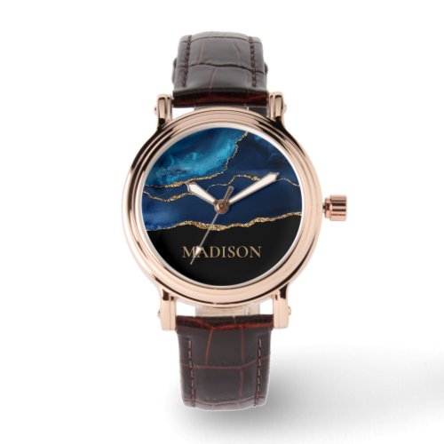 Classy Navy Blue Gold Glitter Black First Name   Watch