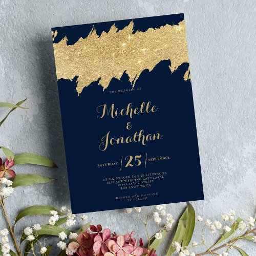 Classy navy blue gold glitter brushstrokes wedding invitation