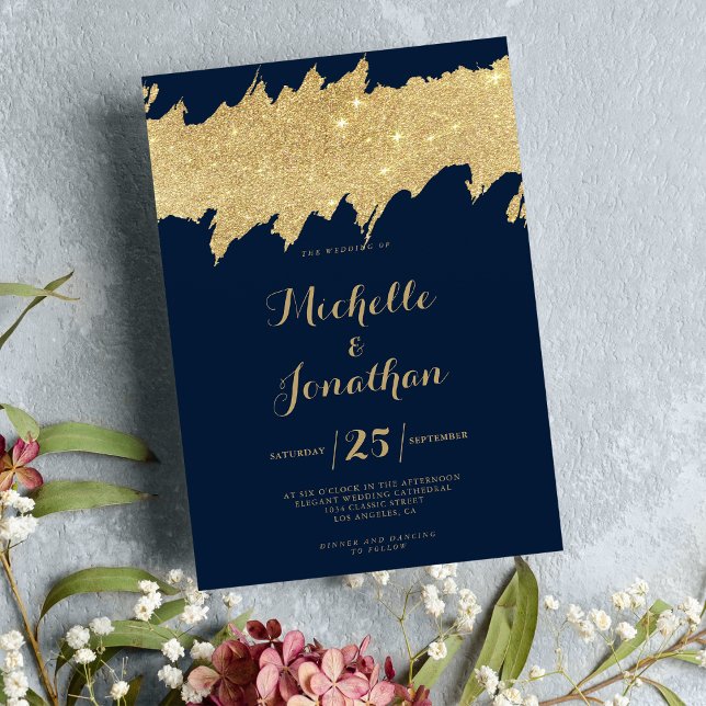 Classy navy blue gold glitter brushstrokes wedding invitation (Classy navy blue gold glitter brushstrokes wedding)